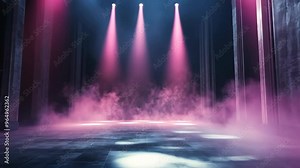 Misty dance floor illuminated by colored lights at night in an empty venue