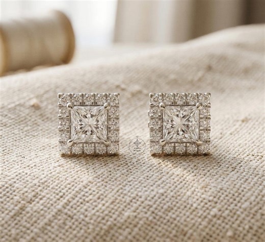 Princess Cut Diamond Halo Earrings, White Gold Wedding Jewelry, Minimalist Moissanite Earring for Women - Etsy