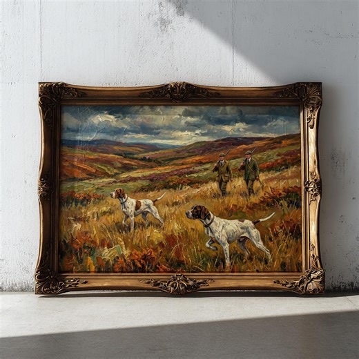 Vintage Hunting Scene Print, English Pointer Dog Oil Painting, Rustic Man Cave Decor, Countryside Landscape Wall Art - Etsy