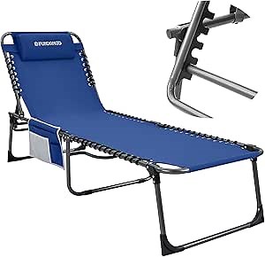 FUNDANGO Folding Outdoor Chaise Lounge Chair, 5-Position Adjustable Lounge Chair for Lawn, Patio, Beach, Sunbathing, Deck, Portable Heavy-Duty Camping Reclining Chair with Pillow, Blue