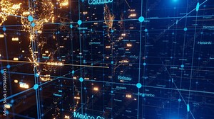 3D animation of an abstract space with a world map and all the world's capitals. 4K loop animation.