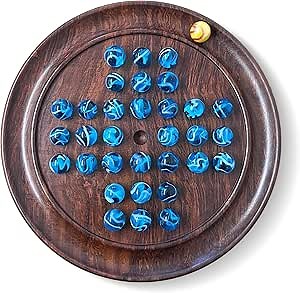 22cm Diameter Wooden Solitaire Board Game with Aqua Swirl Glass Marbles | Classic Wooden Solitaire Game | Strategy Board Game | Family Board Game | Games for one | Board Games