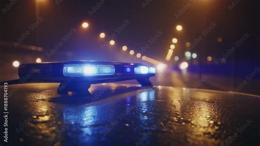 Police siren lights flashing and reflecting on a wet city street at night, creating a dramatic emergency response and law enforcement scene.