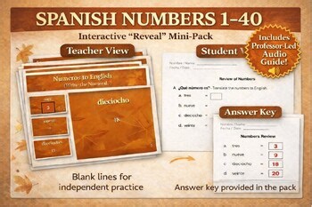 Spanish Numbers 1-40 Mini-Pack: Audio Guide, Vocab & Worksheet