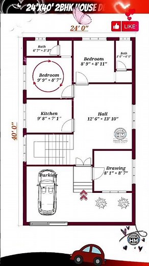 2BHK House Plan 24'x40' | 960 sq ft House Design with Drawing Room & Car Parking