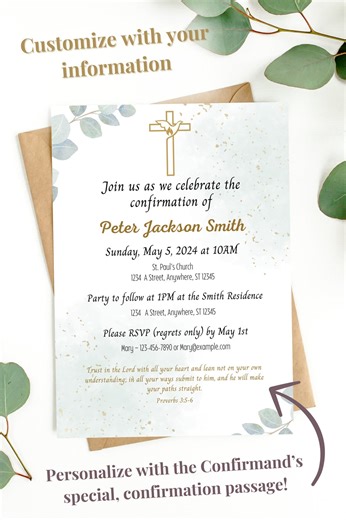 Greenery Watercolor Confirmation Invitation Template (digital Download) - Etsy