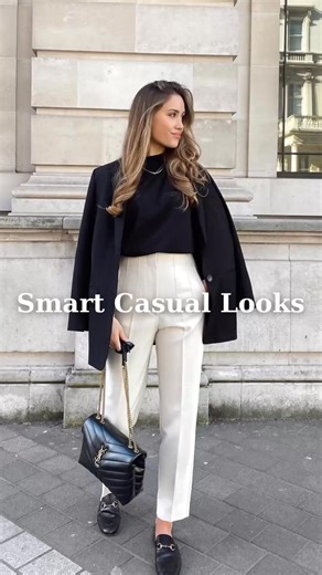 Smart casual, perfected. 🖤✨ Black blazer, minimal knit, tailored beige trousers and classic loafers — the ultimate capsule wardrobe formula for effortless city chic. | La Femme Wanderer