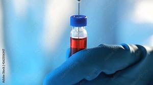 Close up of a needle drawing up the MMR vaccine from a vial to prevent measles, mumps, and rubella Stock Video