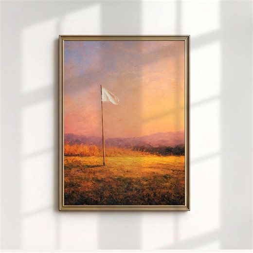 Golf Flagstick Poster, Sunset Course Wall Art, White Flag Oil Painting Print, Rustic Green Decor, Physical Print - Etsy