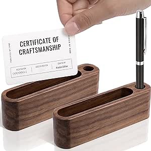 2 Packs Wood Business Card Holder with Pen Slot Business Card Stand for Desk Wooden Display Office Tabletop,Walnut