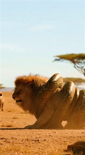 lion surrounded by python and hyena #lion #python #hyena