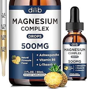 Triple Magnesium Complex Supplement-Magnesium Glycinate, Citrate, Malate Liquid Drops 500mg with Ashwagandha, L-Theanine, Vitamin B6 for Calm, Stress Relief, Sleep, Muscle Support-Pineapple Flavor