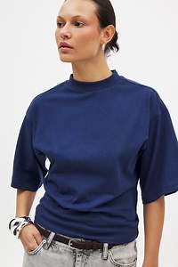 Funnel Neck Shaped Cotton T-shirt Navy