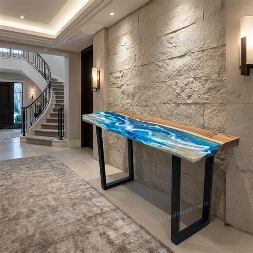 Luxury Ocean Blue Resin Console Table Natural Solid Wood Furniture Handmade Custom Made Design - Etsy