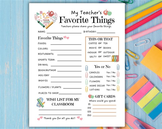 Teacher Favorite Things Printable, Favorite Things Questionnaire, Teacher Survey, Get to Know Teacher, Gift Questionnaire, Meet the Teacher - Etsy