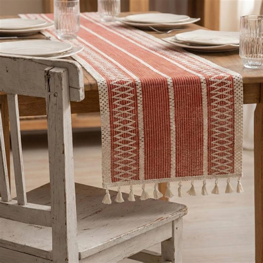 Rustic Cotton Lace Table Runner, Terracotta, Navy or Light Brown, Farmhouse Table Decor - Etsy