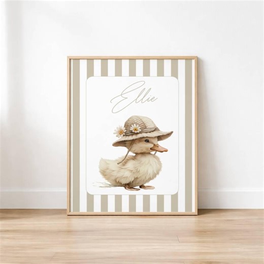 Personalized Duck Name Wall Art, Beige Stripe Duck Print, Custom Baby Gift, Country Farmhouse Playroom, Birth Prints, Girl Bedroom Decor - Etsy