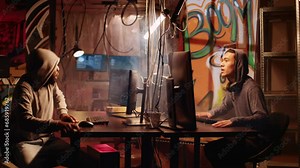 Hackers rushing to evade underground HQ after hearing policemen coming to arrest them for coding malware designed to exploit network backdoors, running to not get caught by cops