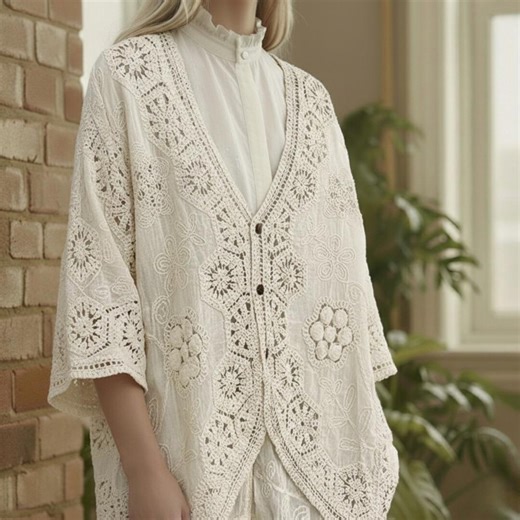 Boho Crochet Knitwear Cardigan – Women Floral Lace V Neck Buttoned Bohemian Cover-up - Etsy