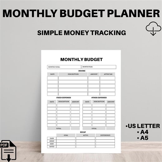 Monthly Budget Planner Printable | Expense & Savings Tracker (US Letter, A4, A5) (PDF Download) - Etsy