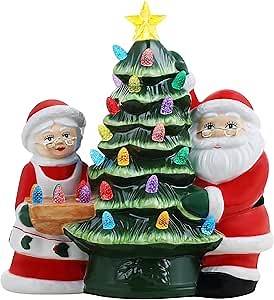 Mr. Christmas Nostalgic Ceramic Christmas Tree with LED Lights, Indoor Christmas Decoration, 9.5 Inches, Mr. & Mrs. Santa Claus