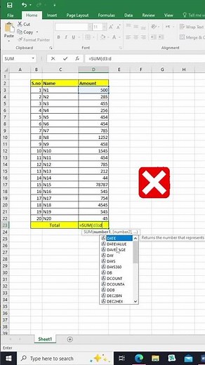 Excel basic formulas and functions #Shorts