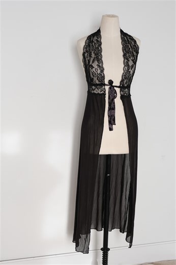 1980's Vintage Sheer Black Tie Front Slip Dress Lingerie Nighty / Peignoir Lace Open Front Gown XS - Etsy