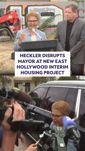 A man disrupted LA Mayor Karen Bass at the groundbreaking of a new East Hollywood interim housing project, questioning the success of her Inside Safe homelessness program and why she allegedly made edits to the Palisades Fire after-action report.
