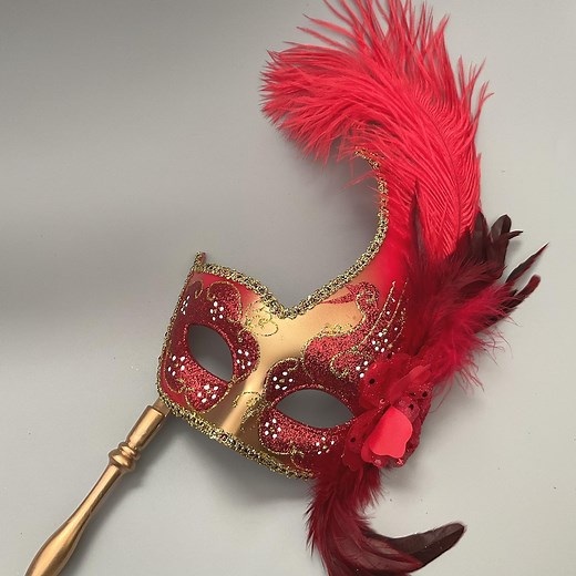 Red Masquerade Feather Mask With Handle Stick Silk Floral Christmas New Year Valentines - Etsy