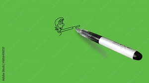 draw young girl climb up using stairs make sign with left index finger straight forward with black outline on abstract green screen background