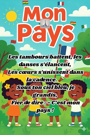 Mon Pays – Chanson pour enfants Une chanson joyeuse et pleine de fierté pour célébrer la beauté du pays 🌍🇨🇮. Les enfants chantent l’amour de leur terre, de la mer jusqu’aux montagnes, dans un rythme doux et coloré. Une mélodie parfaite pour les écoles, les spectacles et les moments d’éveil musical 🎶☀️. 🎶 #MonPays #ChansonEnfant #ComptineAfricaine #CotedIvoire #ChansonPourEnfants #ChansonMaternelle #Comptine #MusiqueAfricaine #ApprendreEnChantant #FierteAfricaine #ChantonsEnsemble #Education