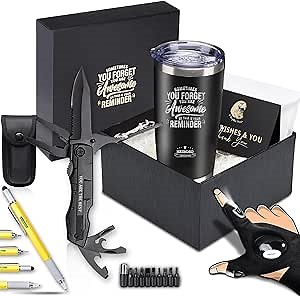 Gifts for Men - 6-in-1 Gift Set with Stainless Steel Tumbler,Multi-Tool Knife,LED Gloves & Tool Pen Keepsake Box | Last Minute Birthday, Father's Day Anniversary Box Gifts for Dad,Husband