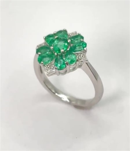 Floral Emerald Ring, Pear Cut Gemstones, Accent Diamonds - Etsy