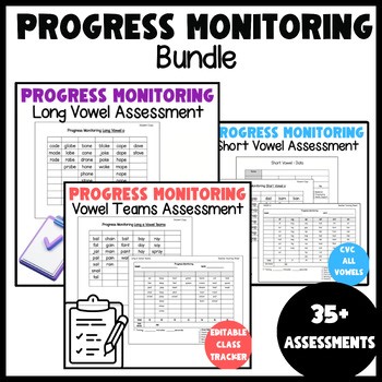 Editable Progress Monitoring Tracking Sheets, CVC, CVCe, Vowel Teams Assessments