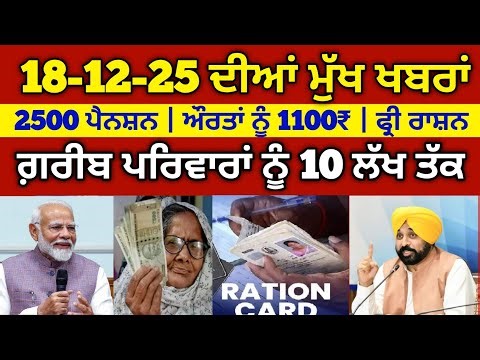 18-12-2025 ਦੀਆ ਮੁੱਖ ਖਬਰਾਂ, ਗਰੀਬਾਂ ਨੂੰ 30 ਹਜਾਰ, 2500 pension, #pmkisan #2500pension