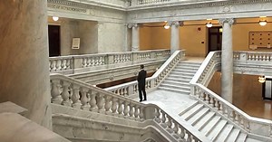 Groom waits for "first look" of bride. Now watch what happens when he turns around
