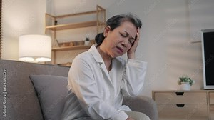 Elderly woman severe pain in the head sitting on the couch, health problems in old age, poor quality of life. Grandmother with gray hair holding her head, migraine and high blood pressure
