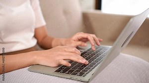 Closeup of asian business woman hands using laptop computer to typing texting chatting to sending email for client or shopping online Stock Video