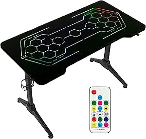 VIVO 48 x 24 inch PC Gaming Desk with Breathing RGB Geo-Honeycomb LED Lights, Tempered Glass Desktop, Steel Frame, Gamer Table Workstation, Cup Holder, Headphone Hook, Black, DESK-GM48BG