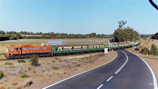 AB1533 with a long Hotham Valley Railway excursion train, just after leaving Donnybrook in 1985. (Photo: John Kent) With a little AI, we see the train in motion. | Railways of Western Australia