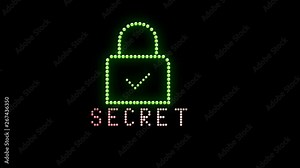 Secret Text sign Loop animation bulbs LED pixels, light flashing, blinking lights advertising banner. Light Text. Digital Display. More TEXTS are available in my portfolio. With Old Lock form.