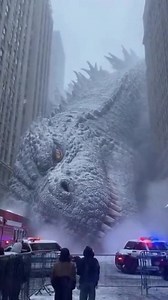 Colossal Ice Creature Discovered Frozen in Snowy City Streets A quiet winter morning turned unreal when residents stumbled upon a gigantic, Godzilla-sized creature half-buried in snow between the buildings. The beast isn’t attacking… it’s frozen stiff, like it collapsed mid-step. Steam rises from its nostrils, its chest barely moving, proving it’s alive beneath the frost. Crowds gather at a distance, emergency crews scramble to set up barriers, and the entire city is swallowed by silence as peop