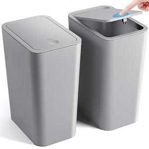 Bathroom Trash Can with Lid, 2 Pack 4 Gallons/15 Liters Garbage Can with Pop-Up Lid, Small Plastic Trash Can, Slim Trash Bin Waste Basket for Bathroom, Bedroom, Office, Living Room(Grey)