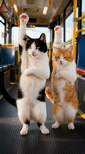 Two cats dancing inside a bus like the ride turned into a party 😸🚌💃 #catsoftiktok #twocats #catdance #cuteanimals #funnycats