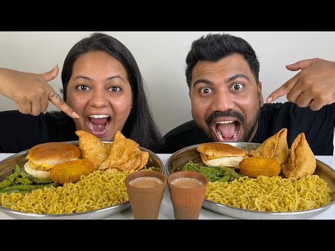 EATING SPICY🔥 MASALA MAGGI, TANDOORI CHEESE VADA PAV, ALOO SAMOSA, CHAI | INDIAN FOOD CHALLENGE