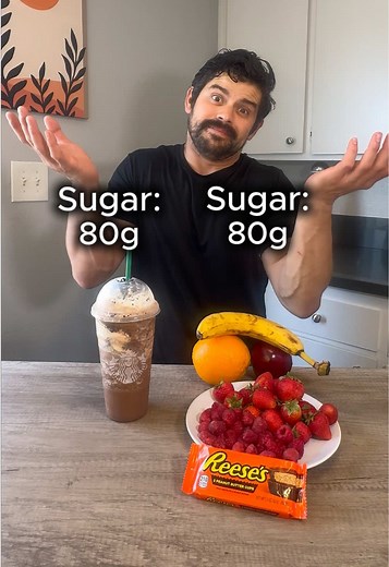 This Java chip Frappuccino venti has a whopping 80g of sugar! Vs All this fruit plus the Reece’s candy have the same amount of sugar! Keep in mind these are averages. (There can be less or more of any nutrient, sugar, vitamin due to ripeness, season, nutrients in the soil) apple 18g Orange 14g Strawberries 7g Raspberries 5g Banana 14g Reece’s 22g of sugar. #starbucks #fiber #sugar #nutrition #fruit