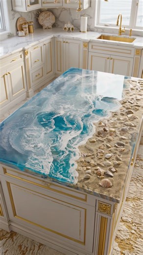 POV: Making a realistic beach table 🐚✨ Watch until the end to see the final reveal! 🔨 Step-by-Step: The Base: Laid down a bed of real sand and hand-picked seashells. 🐚 The Ocean: Poured deep blue tinted epoxy for the water. 💧 The Waves: Used a heat gun to create the