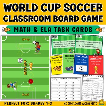 World Cup Soccer Classroom Board Game | Math & ELA Task Cards | Grades 1-3