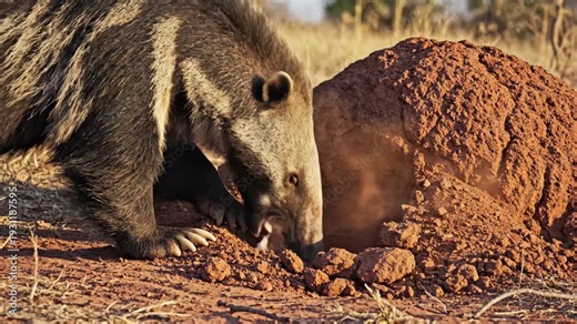 Giant anteater digging into a termite mound to forage for insects in a natural savanna habitat