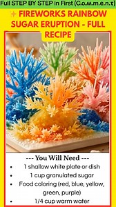 Fireworks Rainbow Sugar Eruption – Full DIY Recipe You’ll Need 1 shallow white plate or dish 1 cup granulated sugar Food coloring (red, blue, yellow, green, purple) 1/4 cup warm water 1 tablespoon baking soda 1/4 cup white vinegar Dropper, small spoon, or squeeze bottle (Optional) Fine glitter for sparkle | Kira Recipes